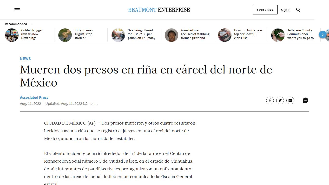 Mueren dos presos en riña en cárcel del norte de México